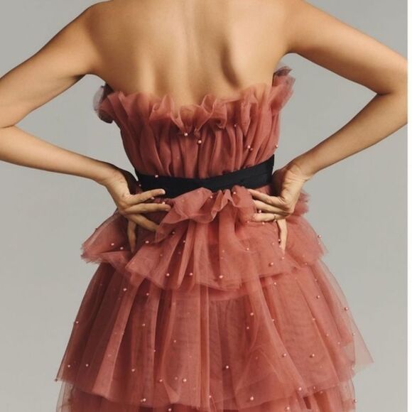 Anthropologie x Maeve Tiered Strapless Pearl Embellished Tulle Mini Dress - Picture 3 of 8